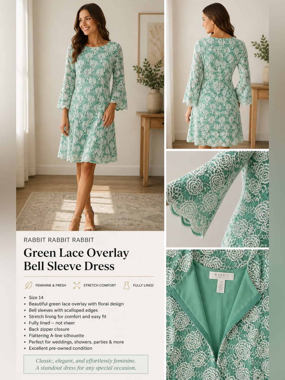 Green Lace Mini Dress Bell Sleeve Floral Cottagecore Easter Spring Size 14